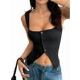 thumbnail image 1 of Womens Square Neck Button Down Ribbed Tank Tops Cute Sleeveless Summer Tops Black L, 1 of 7