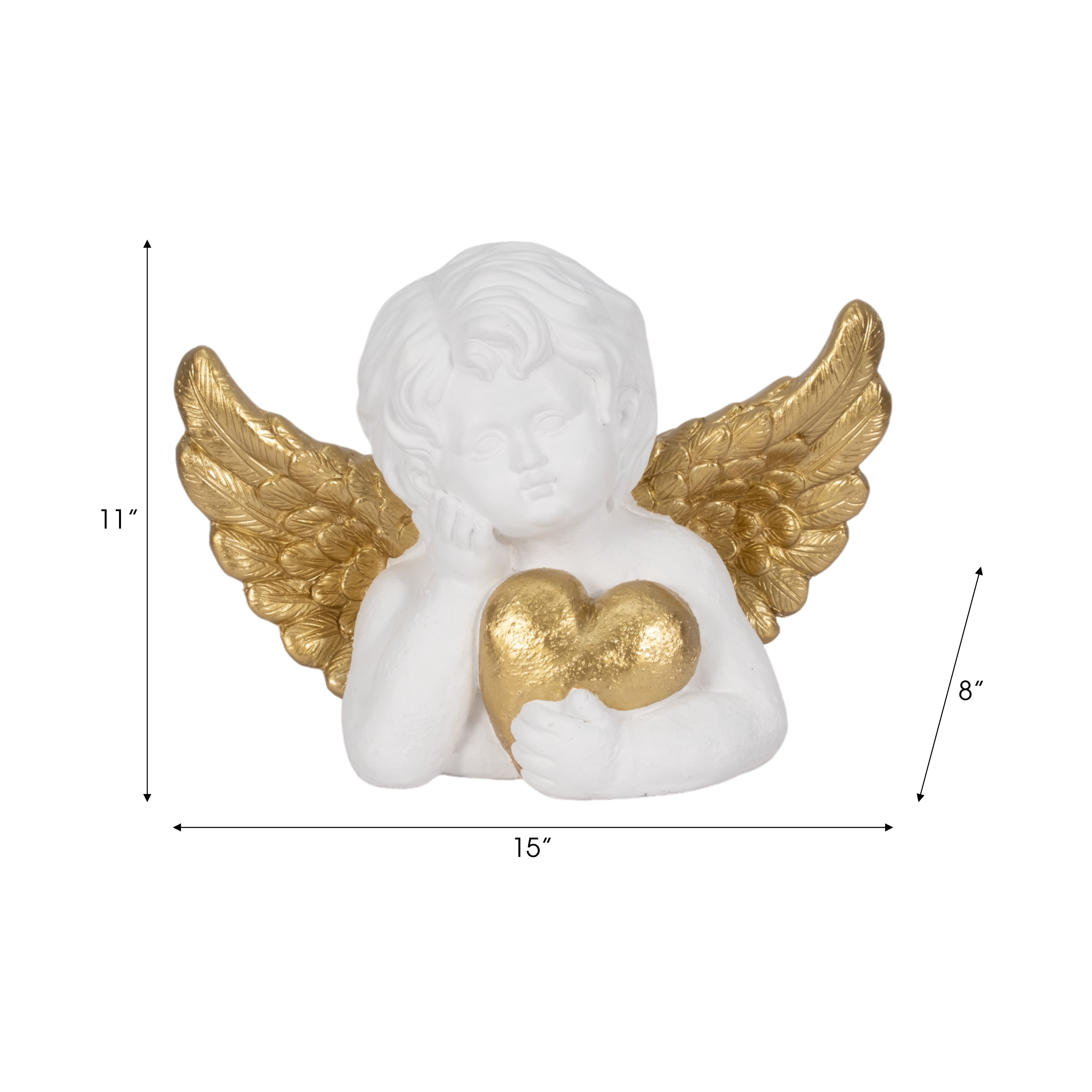 Cherub Angel with Heart Garden Statuary Decor - Outdoor Decor for Front Porch, Garden, and Patio Accent - Decorative Statue and Figurine for Landscape and Yard Art - 11", White & Gold
