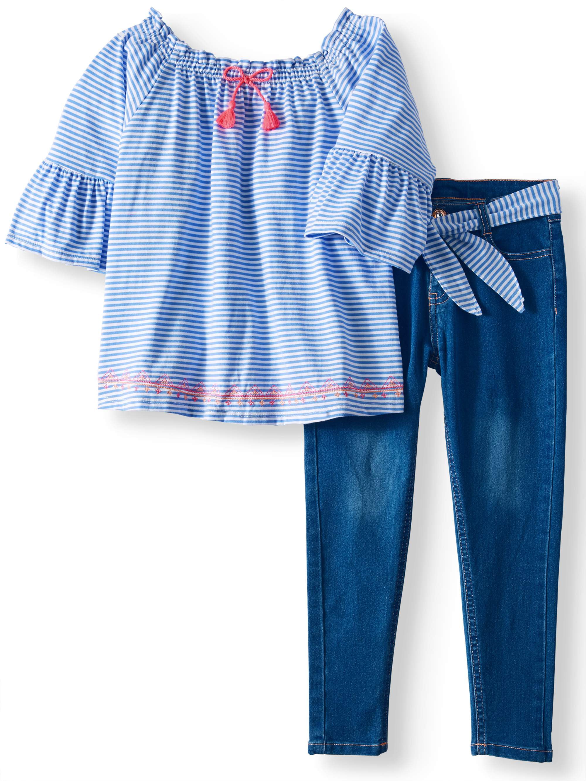 Striped Peasant Top & Jean, 2-Piece Outfit Set (Big Girls) - Walmart.com