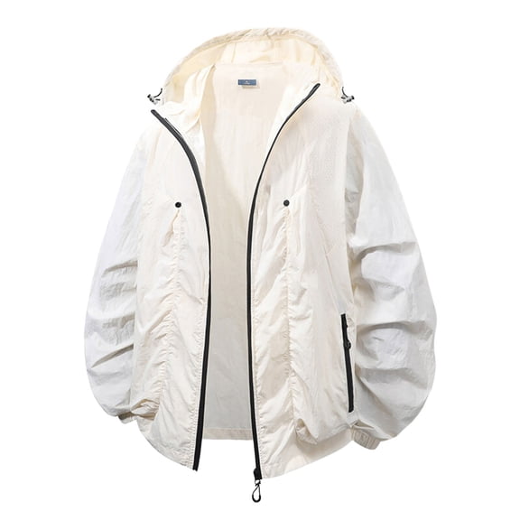 MIXUE Mens Coats And Jackets Autumn Winter Solid Color Hooded Long Sleeve Zip Up Loose Casual Coat Outwear,White,M