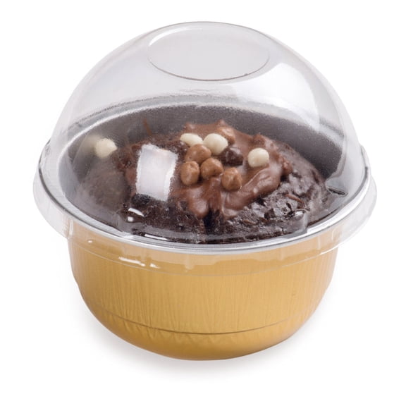 Pastry Tek 2 oz Round Silver Aluminum Baking Cup - with Plastic Dome Lid - 2 3/4" x 2 3/4" x 1" - 100 count box