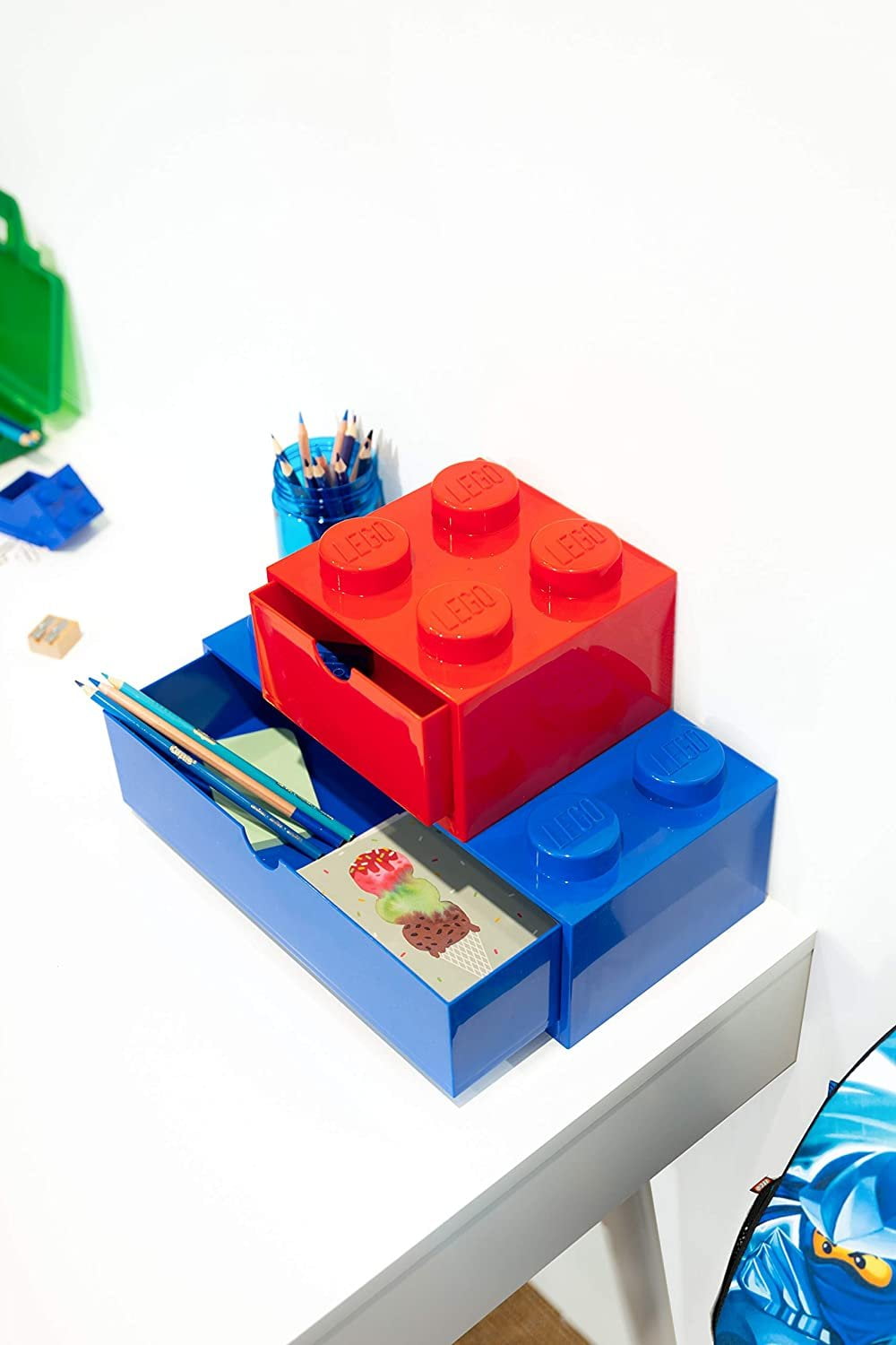 Room Copenhagen Lego Storage Brick 8 Desk Drawer, 8-Stud Stackable Tabletop Storage Box, 12.4 x 6.2 x 4.4 in, Bright Blue
