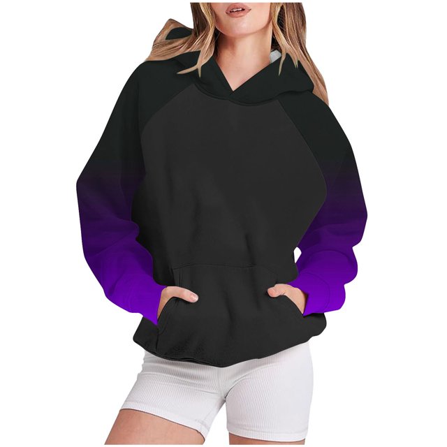 Bowake Vêtements d'Automne pour Femmes à Manches Longues Dégradé Chandails en Molleton Décontractés Légers Raglan avec Poche
