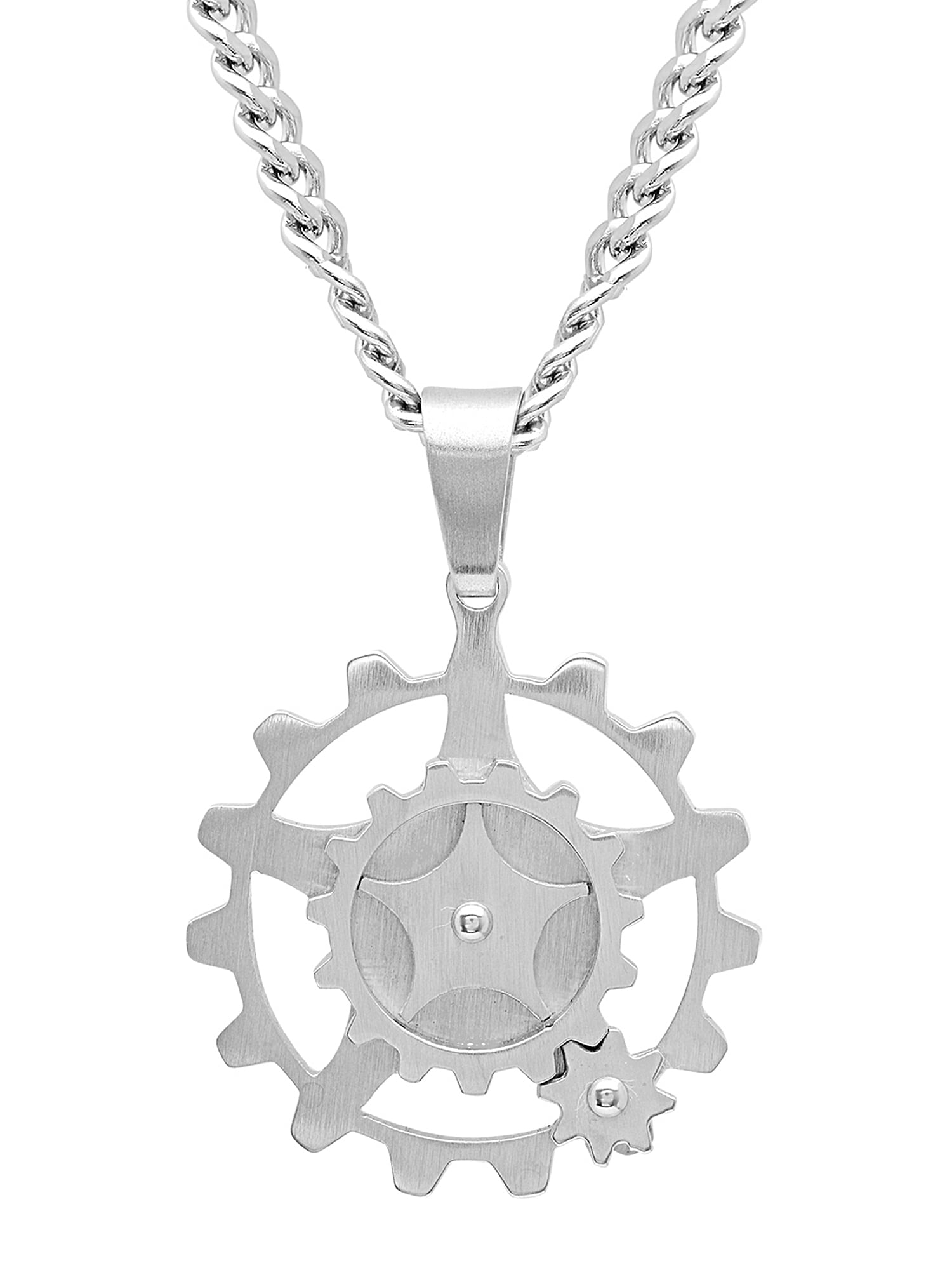 Mens Stainless Steel Round Gear Pendant Necklace