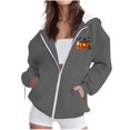 thumbnail image 2 of Halloween Jackets for Women Cute Pumpkin Printed Full Zipper Drawstring Hooded Fashion Spooky Festival Jacket with Pockets Gray M, 2 of 7