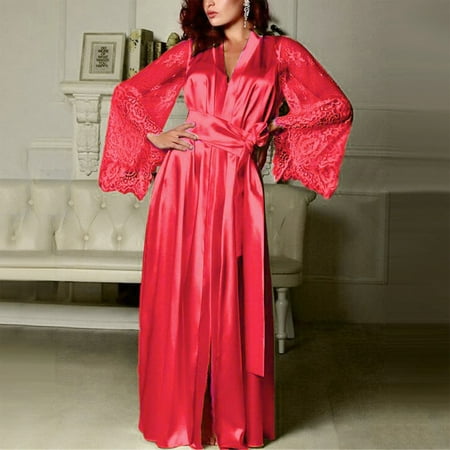 

UDAXB Lingerie Women Satin Long Nightdress Silk Lace Lingerie Nightgown Sleepwear Sexy Robe