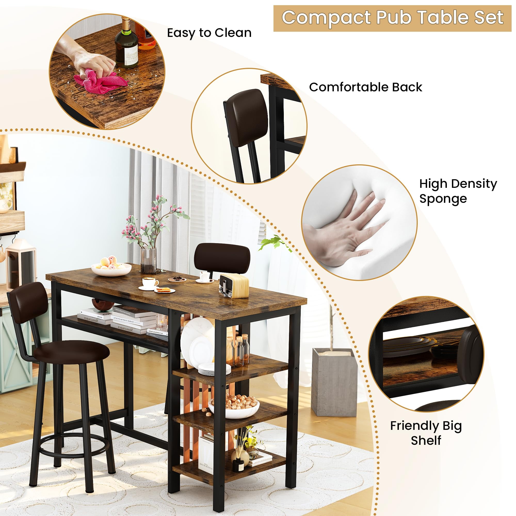 Lamerge Bar Dining Table Set for 2, 3 Piece Bar Table and Chairs Set, Kitchen Counter Height Dining Table Set, Small Kitchen Bar Table with Storage, Breakfast Nook Set for Small Space, Rustic Brown