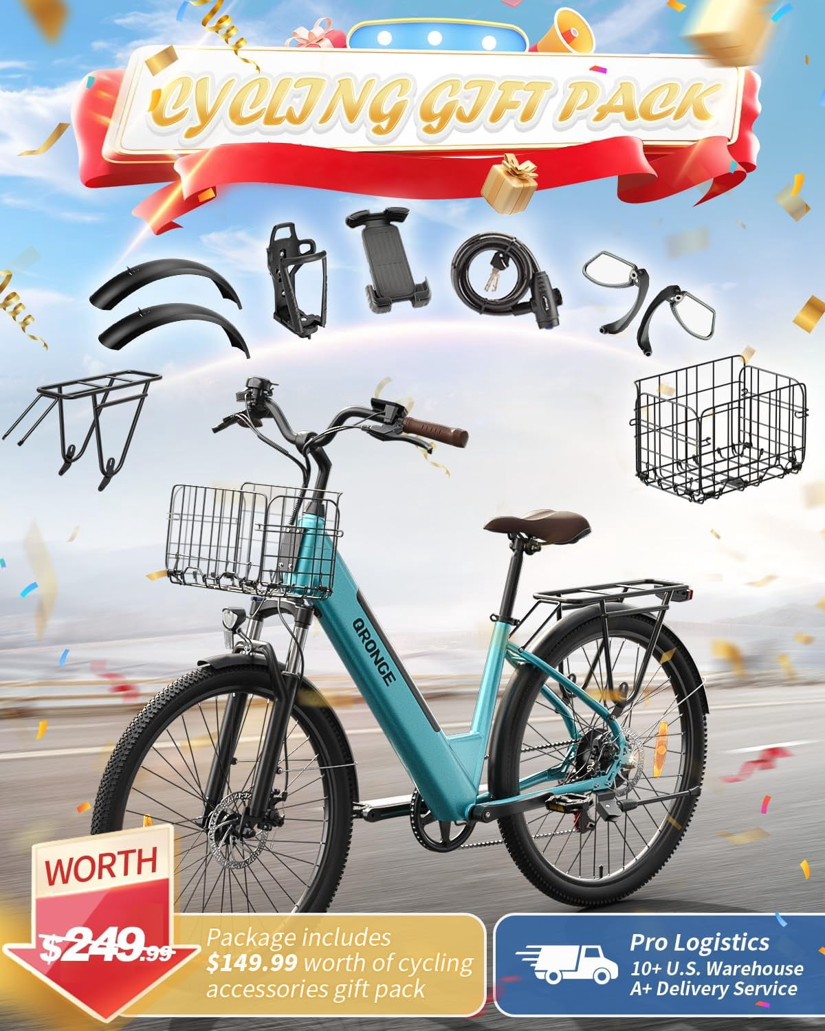 26 inch Electric Bike for Adults 1200W Peak Step Through E-Bike 70Miles Range 25 mph Max Speed Electric Bicycles 7-Speed Front Fork Suspension E-Mountain Bikes 36V 12.8AH Battery, UL2849 by SGS