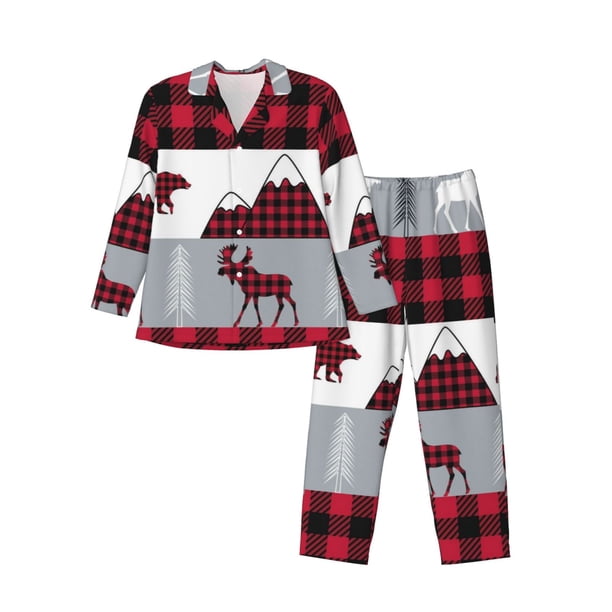 Fotbe Buffalo Plaid Forest Pijama de Hombre con Estampado de Manga Larga, Conjunto de 2 Piezas, Ropa de Dormir Suave y Cómoda con Bolsillos-Small