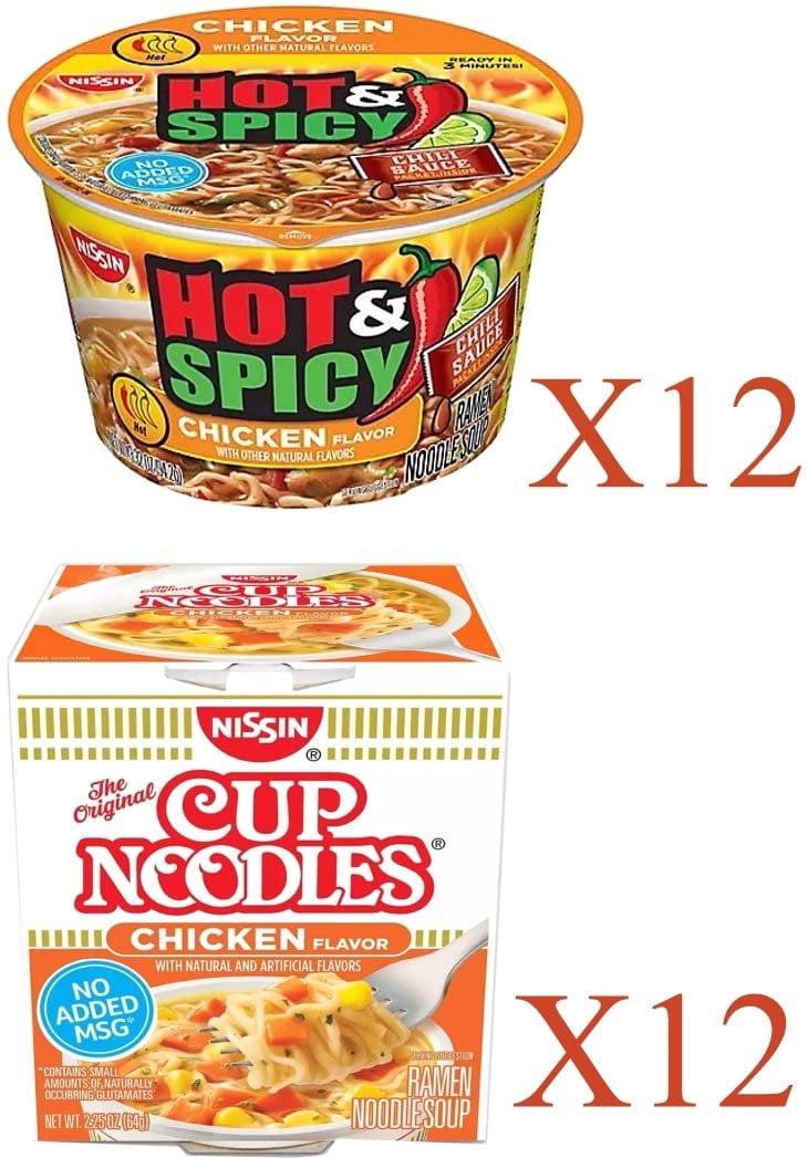 Nissin Cup Noodles Soup Instant Cup 24 Count, 12 Hot & Spicy Chicken Bowl, 12 Chicken Cup Lunch / Dinner Variety, 2 Flavors
