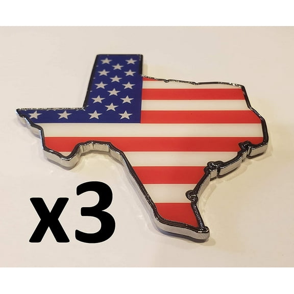Muzzys (Set of 3) AMERICAN FLAG IN SHAPE OF TEXAS State Edition Emblem Decal Longhorn Lone Star METAL Badge Universal Stick On FITS Chevy Silverado Suburban Tahoe GMC Ford F150 Ranger F-150 Dodge Ram
