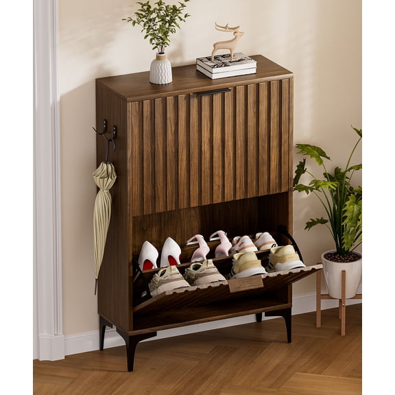 Enogets Shoe Cabinet with 2 Flip Drawers, Freestanding Hidden Storage, Entryway Hallway Organizer(Brown)