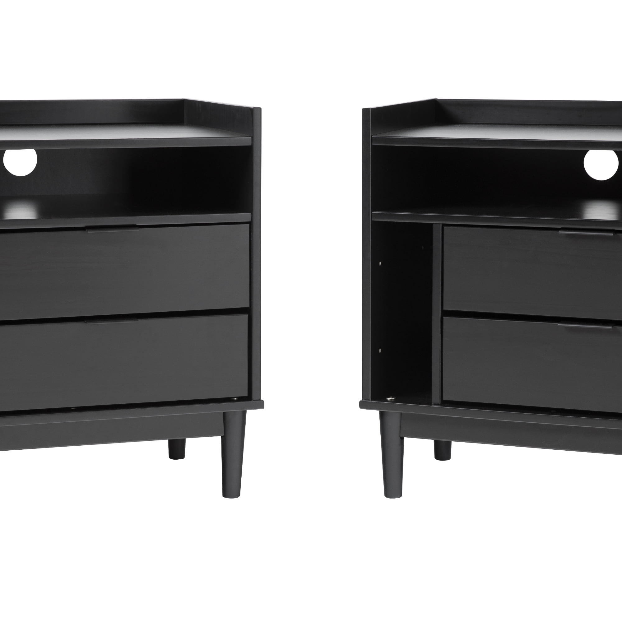 Walker Edison Mid-Century Modern 2-Drawer Wood Nightstand, Set of 2, Black