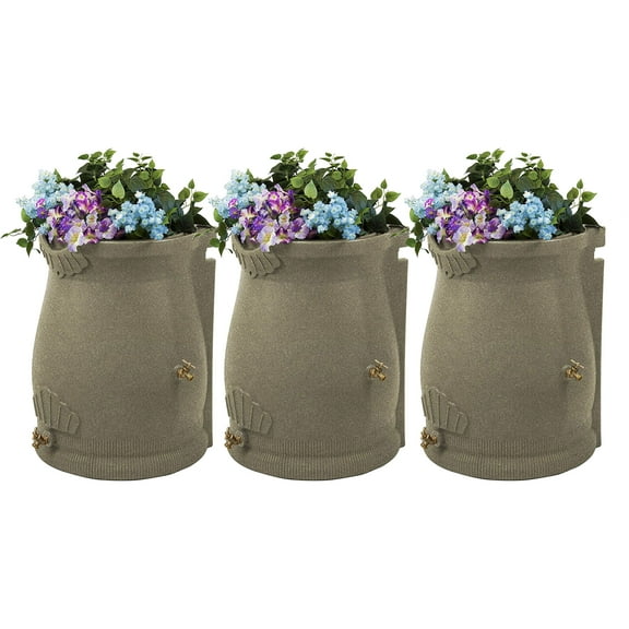 Good Ideas Rain Wizard 50 Gal Plastic Rain Barrel Urn, Sandstone (3 Pack)