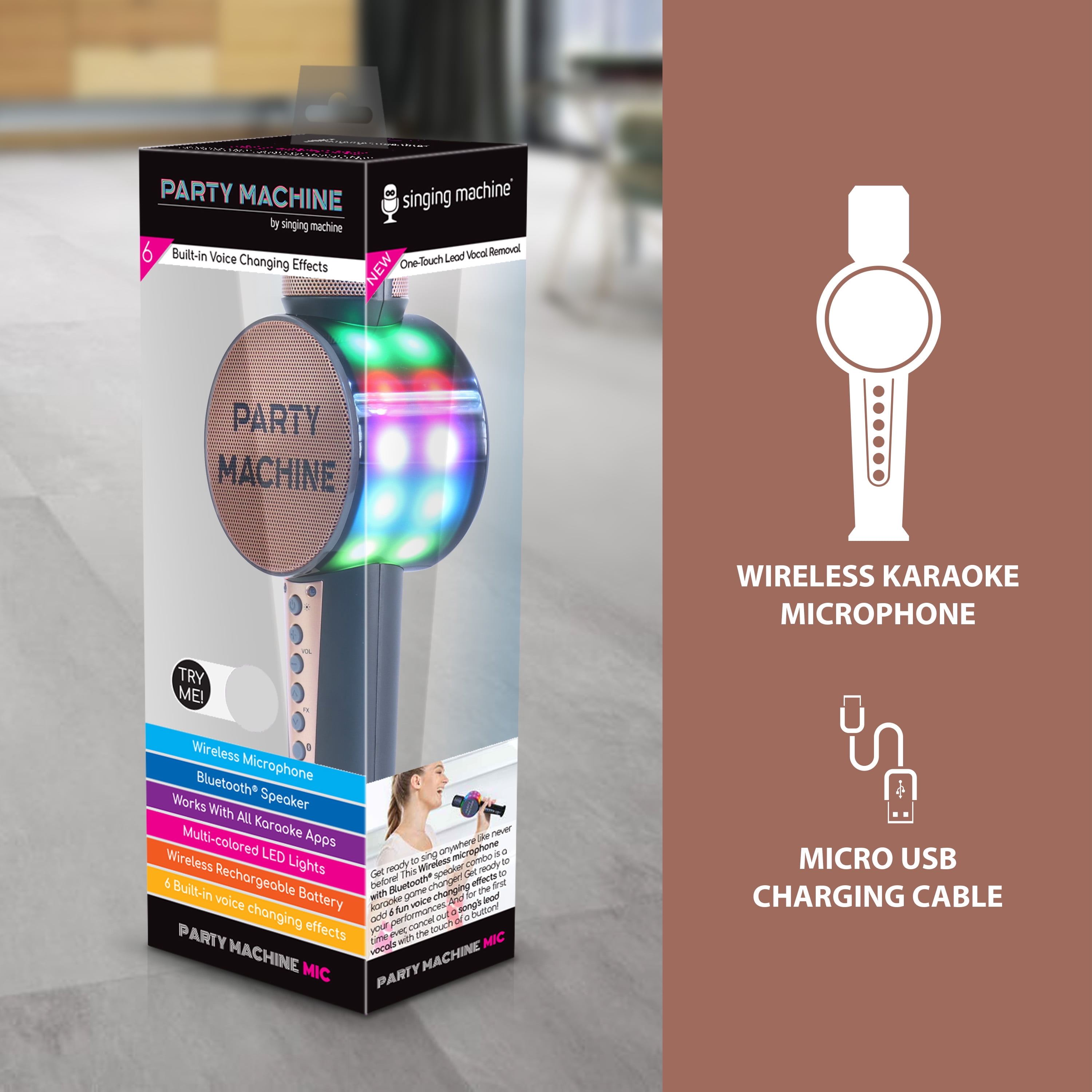 The Singing Machine Party Microphone Instrument with Bluetooth and Voice Changers, Rose Gold