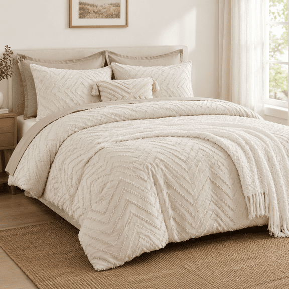 01 - Beige Oversized King (120"x98") Tufted Boho Microfiber Comforter Set