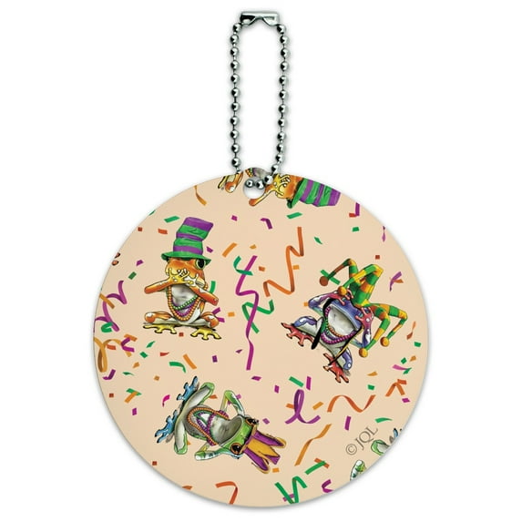 Mardi Gras Party Frogs See No Evil Hear Speak Pattern Round Luggage ID Tag Card Suitcase Carry-On
