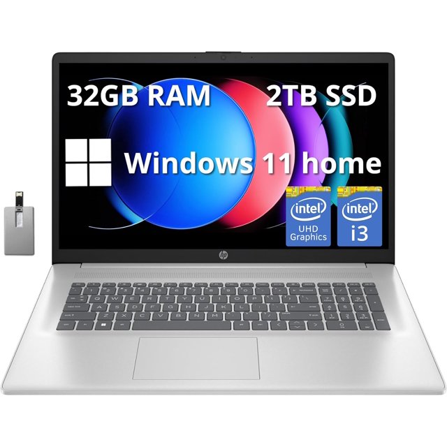 HP 17.3" Full HD Laptop, Intel Core i3 1215U Processor, 32GB DDR4 RAM, 2TB PCIe SSD, Intel UHD Graphics, Wi-Fi 5, HD Camera, Windows 11 Home, Natural Silver, 32GB Hotface USB Card