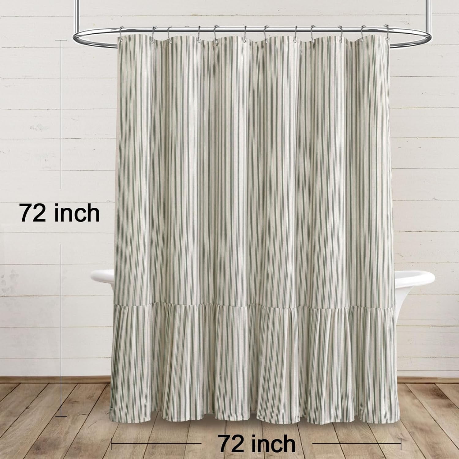 Farmhouse Shower Curtain with Ruffle Hem Linen Shower Curtains for Bathroom Country Vintage Rustic Natural Fabric, Cream-Green Stripe 72" W x 72" L