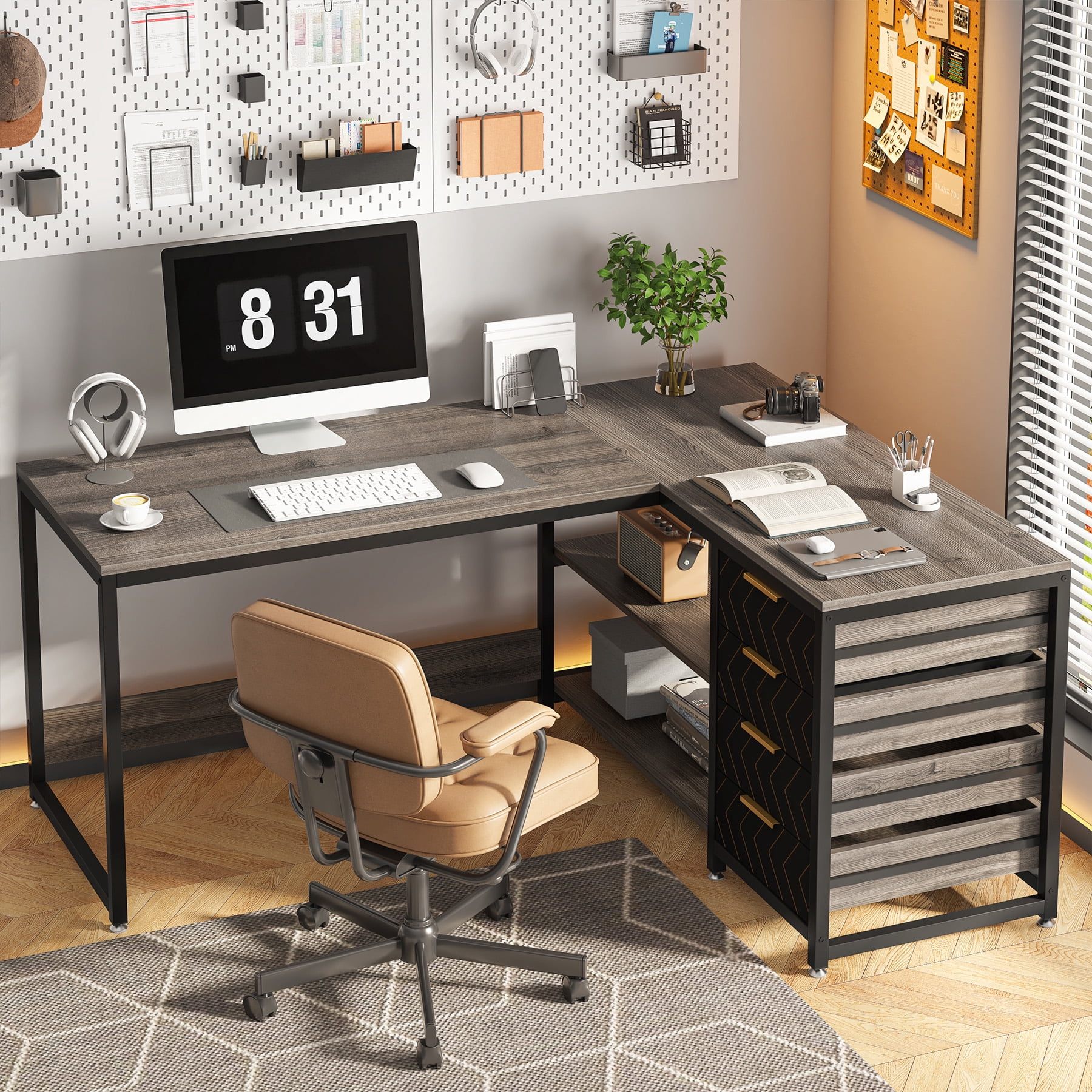 Tribesigns L-shaped Computer Desk, 59 inch Corner Desk with Drawers and Storage Shelves, Reversible Writing Study Table for Home Office, Grey