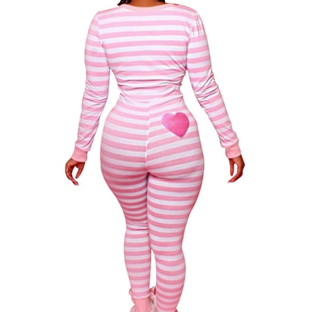 

wybzd Women Sleepwear Romper Jumpsuit Stripe V-Neck Long Sleeve One Piece Bodysuit Lounge Pajamas Pink S