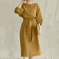 thumbnail image 2 of CHUANK Robe en Lin de Coton pour les Femmes Col Rond Lanterne Manches Robes d'Été Couleur Unie Casual Fluide Longue Robe avec Ceinture, 2 of 8