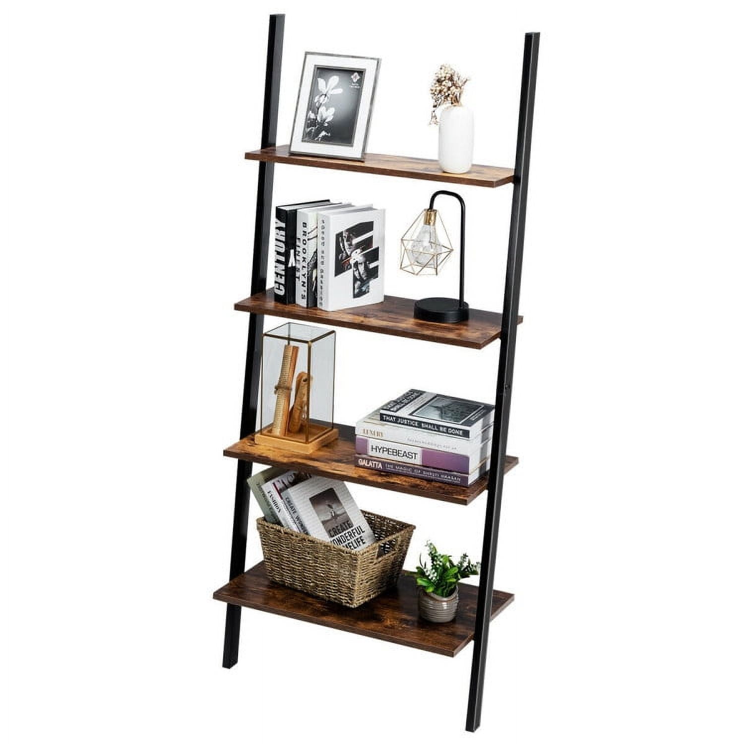 Demi Bonn 4-Tier Industrial Leaning Wall Bookshelf, Display Rack for Plants and Books, Brown