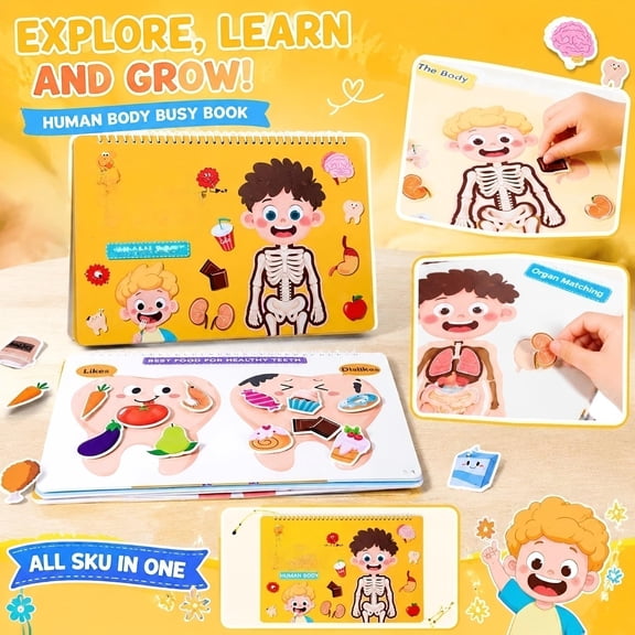 Montessori Busy Book for Toddlers 3-5 Quiet Book with Human Body Anatomy Activities Sensory Learning Toys Preschool Educational Activity Book Travel Car Seat Toy Ages 3-6 Boys Girls,A