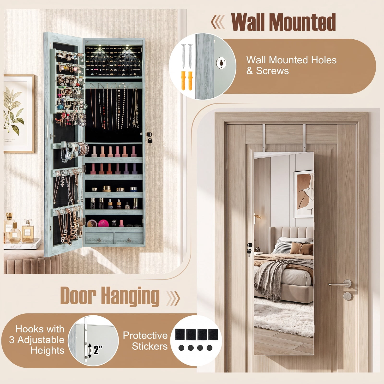 Furnibear Wall and Door Mounted Mirrored Jewelry Cabinet with Lights for Bedroom Dressing Room Jewelry Necklace Rings Storage Mirror, Navy