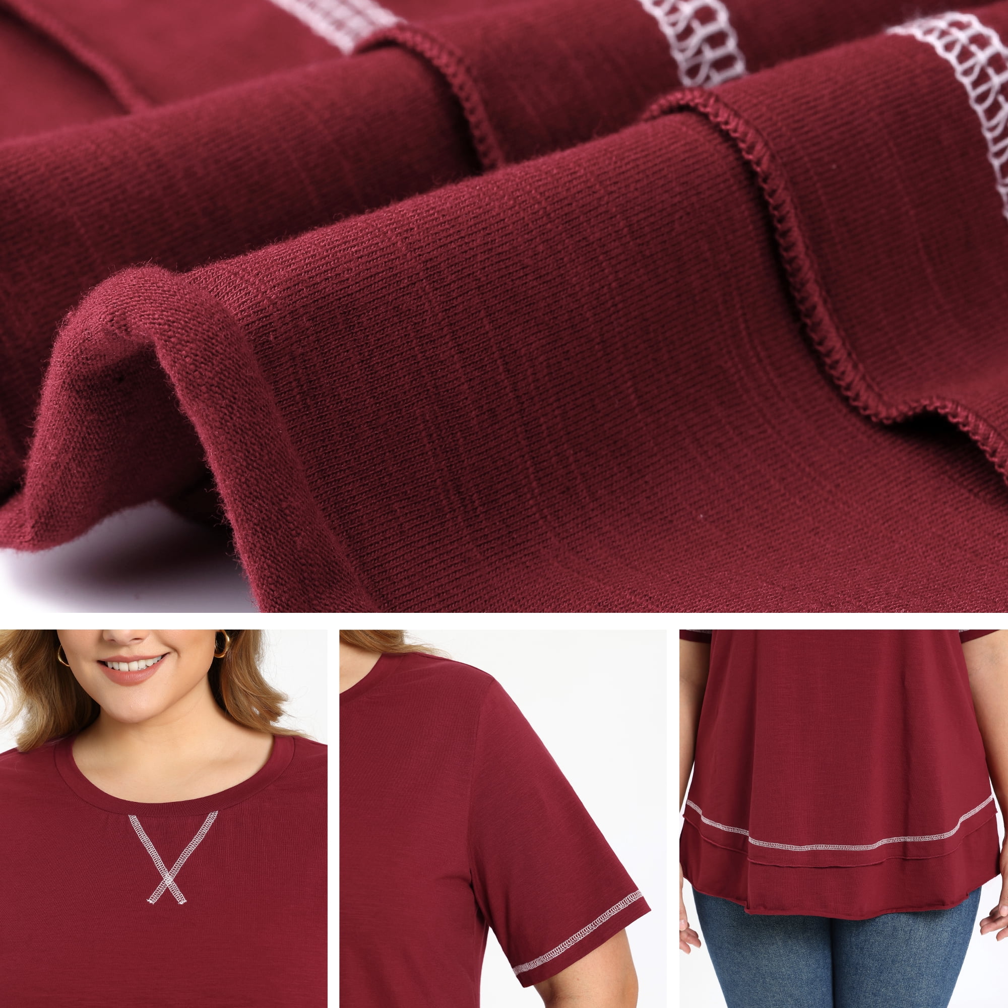 DARING DIVA Women's Plus Crew Neck Short Sleeve Loose Knit Blouse Tops 2X Burgundy