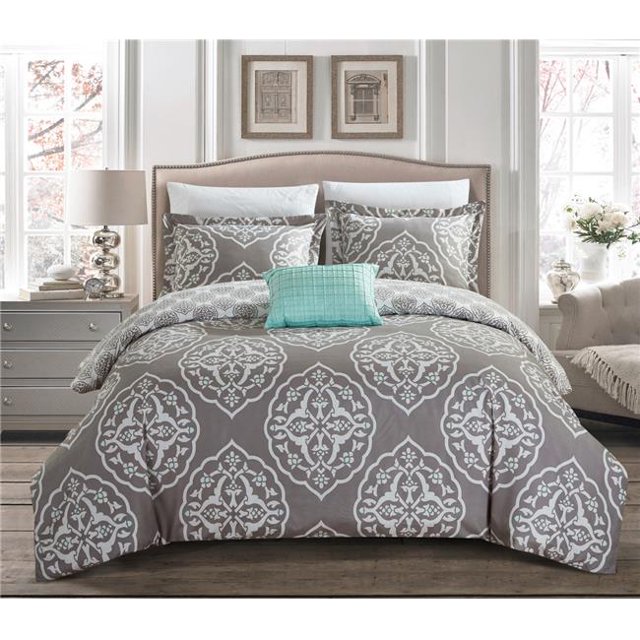 Chic Home DS0557 Ensemble de Housse de Couette Réversible Imprimé Médaillon Bicolore Dayanara 4 Pièces - Gris&44; Très Grand Size