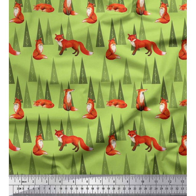 Soimoi Green Heavy Satin Fabric Artistic Tree & Wolf Animal Decor Fabric Printed Yard 54 Inch Wide