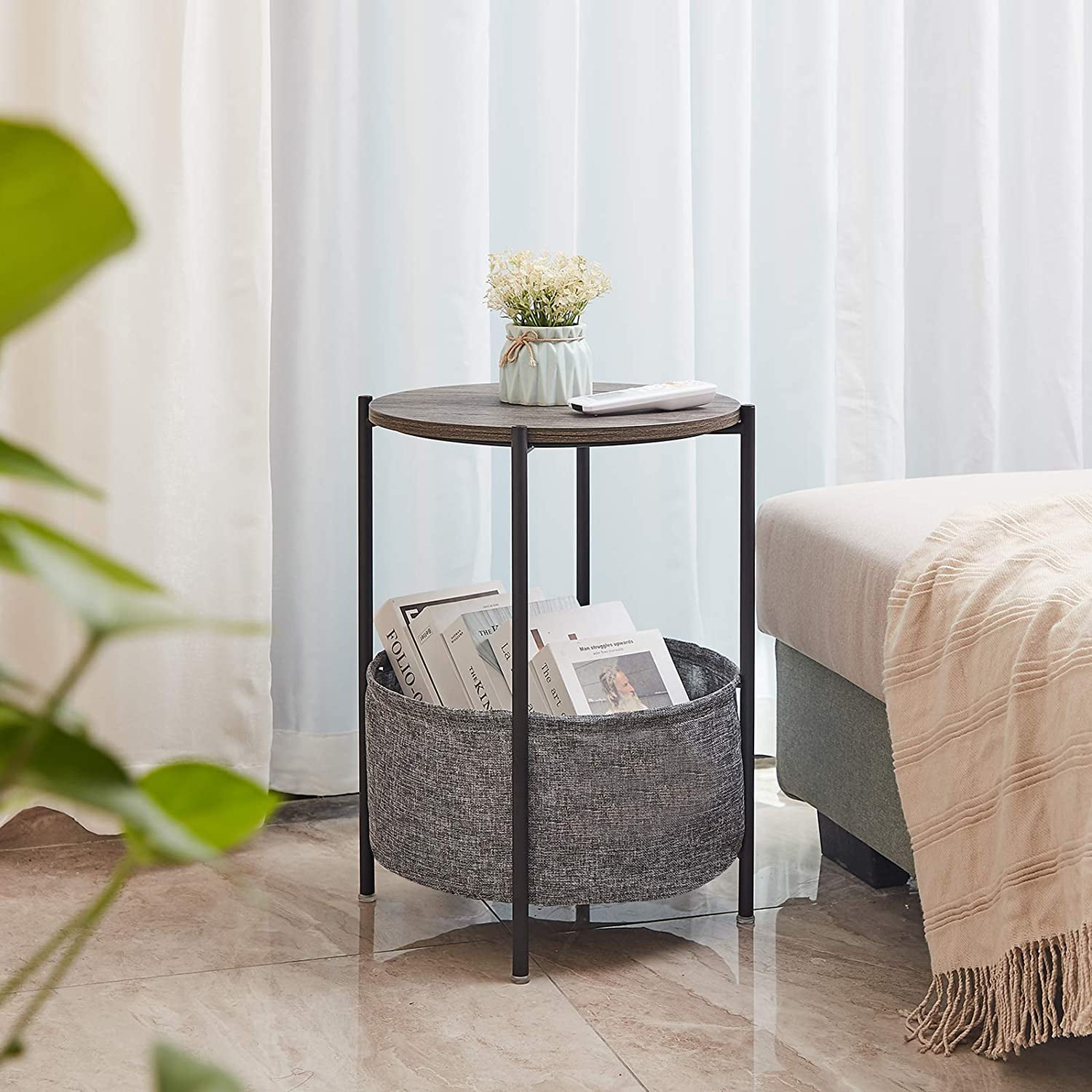 Private Jungle Table Sofa Side Round Table with Detachable Tray and Fabric Storage Basket,Durable Small Round Coffee Table Snack Table Private Jungle Table Sofa Side Round Table with Detachable Tray and Fabric Storage Basket,Durable Small Round Coffee Table Snack Table