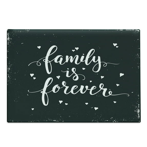 Family Cutting Board, Family is Forever Hand Drawn Typography with Little Hearts Poster Style, Decorative Tempered Glass Cutting and Serving Board, Large Size, Black and White, by Ambesonne