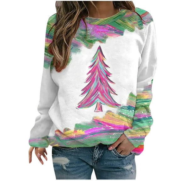 Pitauce Womens Crewneck Sweatshirt Long Sleeve Xmas Tree Print Sweatshirts Vocation Casual Cute Pullover Top on Clearance