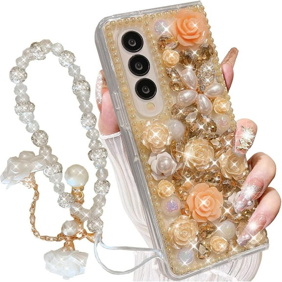 for Samsung Galaxy Z Fold 7 Bling Case,Luxury Cute Crystal Rhinestone Flowers Sparkle Glitter Diamond Pearl Women Girls Case Cover with Wrist Lanyard for Galaxy Z Fold 7,Gold