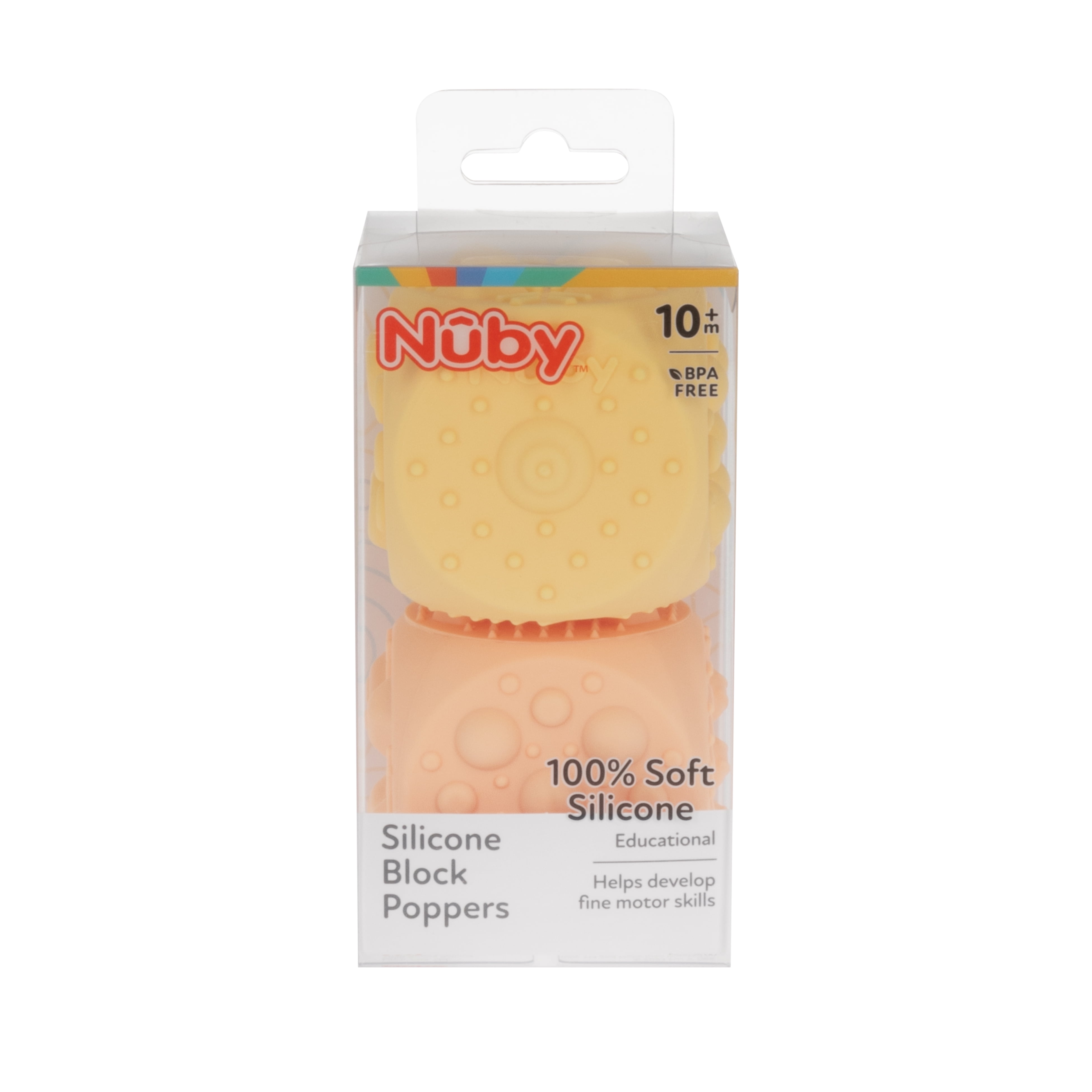 Nuby Silicone Block Poppers Sensory Teether Toy for Infants, Yellow/Orange, 2 Count
