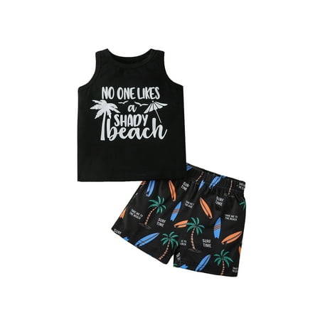 

Amuver Newborn Boys Two-Piece Outfits Sleeveless O-Neck Letter Printed Vest + Tropical Trees Printed Short Pants