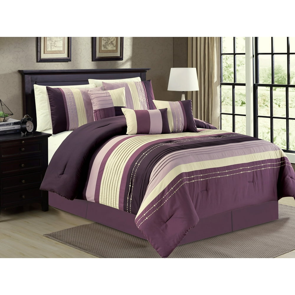 7Pc Pleated Stripe Dotted Lines Embroidery Comforter Set Purple