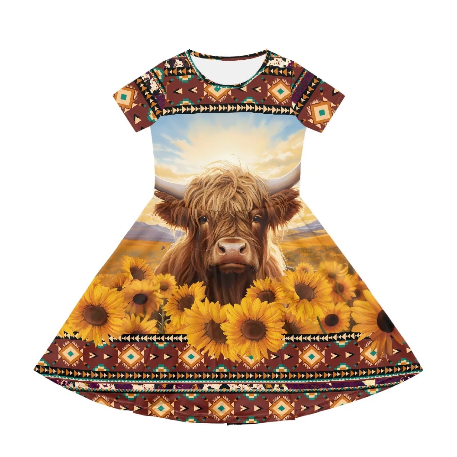 Uourmeti Highland Cow Sunflower Girls Short Sleeve Swing Dress Summer Casual Crew Neck Midi Southwest Africa Aztec Wedding Party Dresses Casual Sundress with Pockets