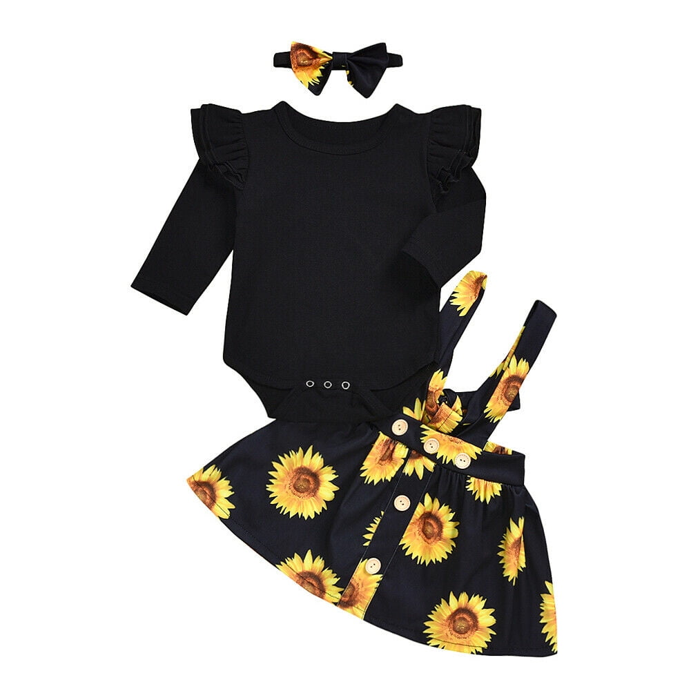 Headband Toddler Clothes Sets 3Pcs Infant Newborn Baby Girls Sunflower Outfits Short Sleeve Ruffle Romper Floral Skirt