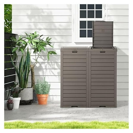 31 Gallon Outdoor Trash Can, Waterproof Garbage Can with Lid & Slidable Tray, 16” x 16” x 34” Large Resin Waste Bin for 33-40 Gal Trash Bag, Outside Trash Can for Patio Backyard Deck, Grey