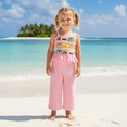thumbnail image 3 of BemeyourBBs Vintage Toddler Baby Girls Summer 2 Piece Outfits Crocheted Flowers Fruit Ruffled Camisole Spaghetti Strap Tank Cami Top and Elastic Wide Leg Pants Set, 3 of 9