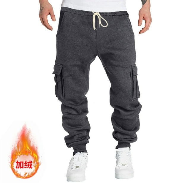 AherBiu Cargo Pants For Men Fleece Drawstring Waisted Joggers With Pockets Fall Winter Active Casual Workout Running Sweatpants
