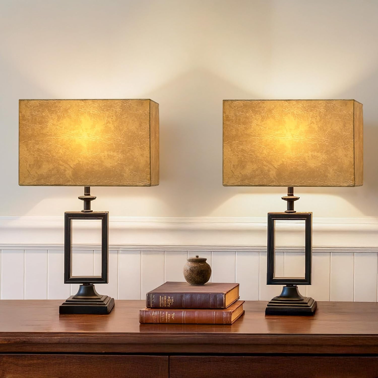Rustic Rectangle Lamp Shades Set of 2, Large Faux Leather Lampshades for Table Lamps, 16"L x 8"W x 10"H, Lamp Shades Replacement for Floor Lamps, Spider, Harp Holders Included, Easy Assembly Required