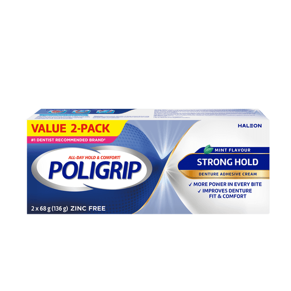 Poligrip Crème Adhésive pour Prothèses Dentaires à Tenue Forte, Sans Zinc, 2x68g tubes