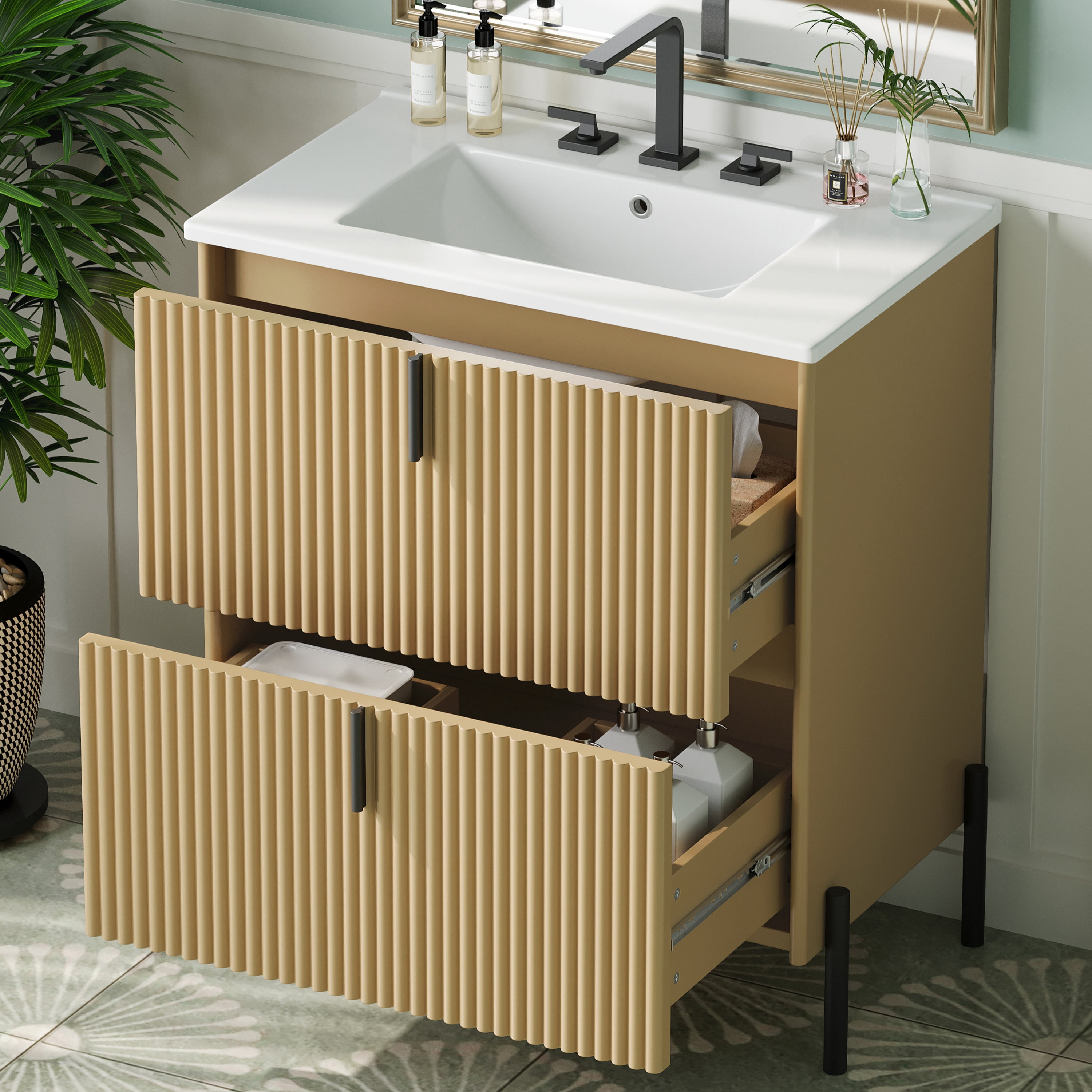 Euroco 30" Bathroom Vanity with Ceramic Sink, Equipped with Vertical Pulls and Full-Extension Drawers, Freestanding Bathroom Vanity with Soft Close Drawer Slides, Fluted Design, Natural