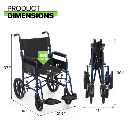 Magshion Folding Transport WheelChair, Foldable Rollator Chair with Swing-Away Footrests, Flip Back Backrest and Parking Brake for Adults, Disabled, 300lbs Weight Capacity, Blue