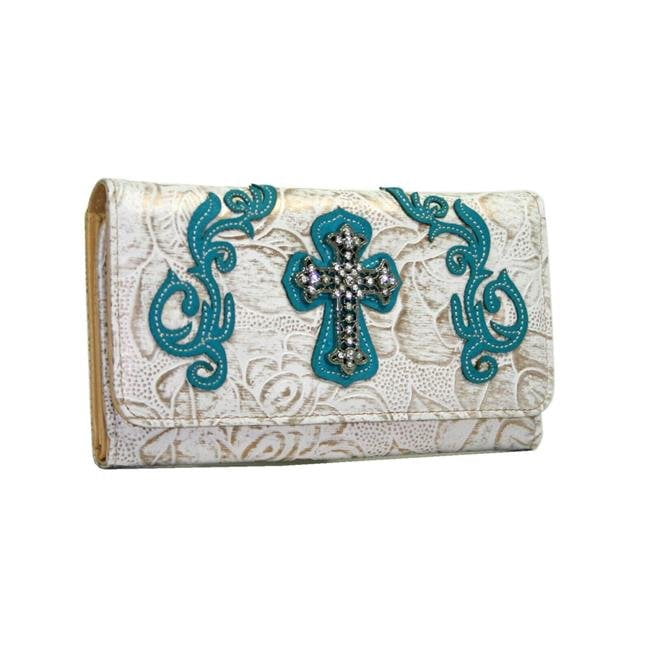 Portefeuille Trifold Western Strass Bling Cross - Bordure Blanche et Turquoise