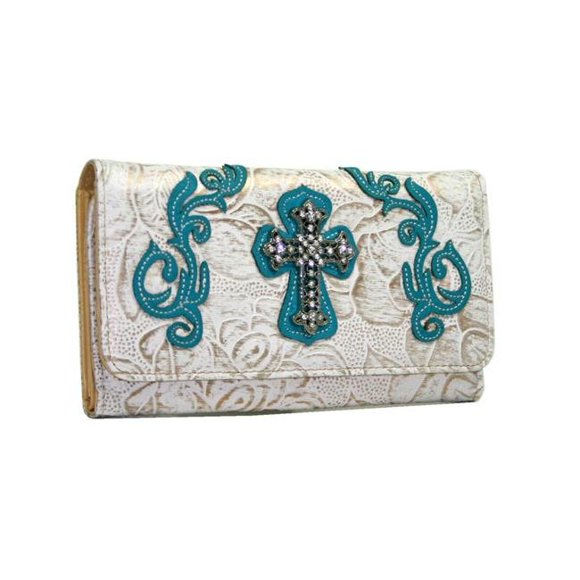 WC99-WT-TQ Western Rhinestone Bling Cross Trifold Wallet - White & Turquoise Trim
